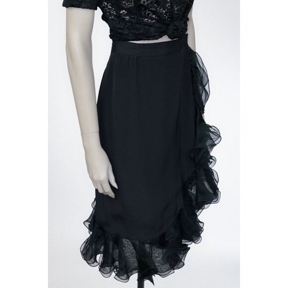 Vintage 1990s 90s Black Silk Ruffled True Wrap Skirt M Goth Gothic Minimalist - Picture 9 of 9